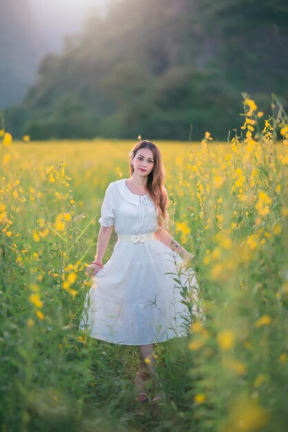 Una hermosa niña con un vestido blanco fotografiada en medio de un campo amarillo con flores al atardecer.