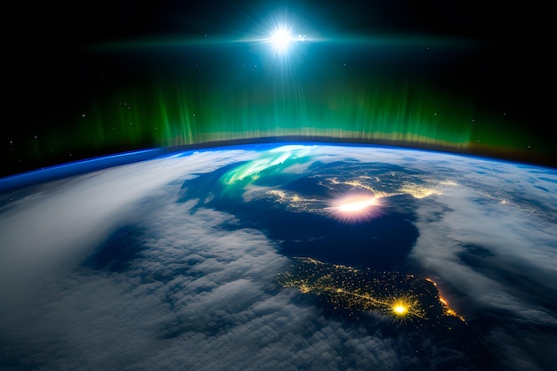 Hermosa noche azul planeta tierra con las luces de las ciudades, vista desde el espacio