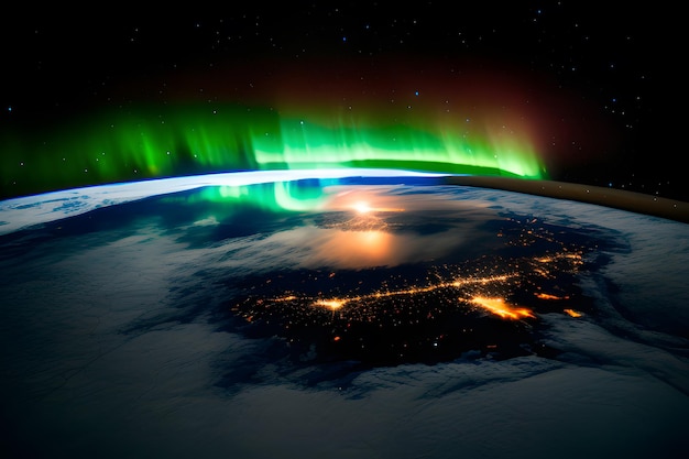 Hermosa noche azul planeta tierra con las luces de las ciudades, vista desde el espacio
