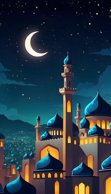 Una hermosa noche con una enorme ilustración vectorial de la mezquita