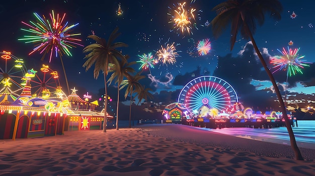 Una hermosa noche de verano en la playa La rueda gigante está iluminada y hay fuegos artificiales en el cielo