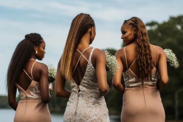 Hermosa novia afroamericana con damas de honor IA generativa