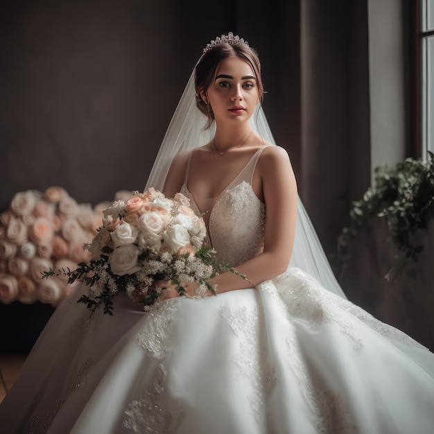 Una hermosa novia cristiana con vestido blanco posando AI generativa