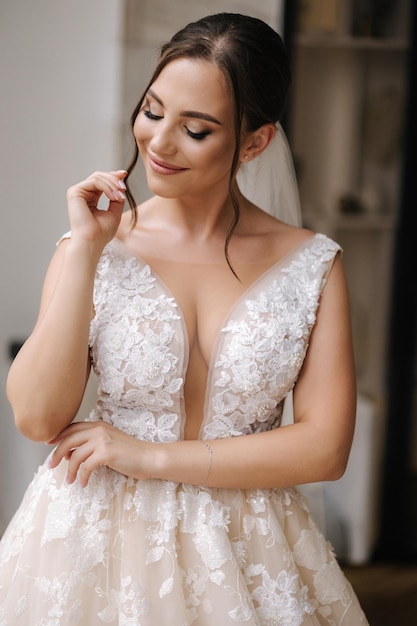 Hermosa novia en el día de su boda retrato de novia con maquillaje elegante y hermoso tocado