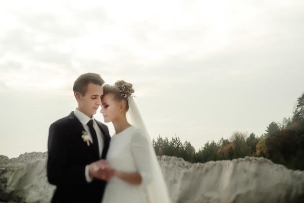 Hermosa novia y elegante novio abrazándose suavemente en el lago de la playa de arena hermoso momento boda de lujo