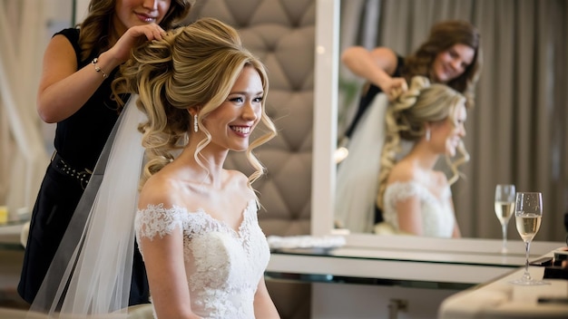 La hermosa novia se está arreglando el cabello.