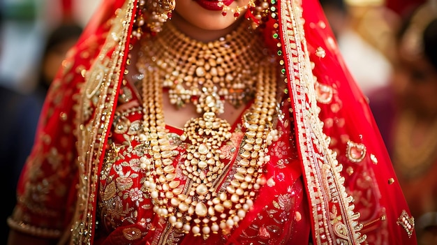 Una hermosa novia india con un vestido de novia tradicional rojo y joyas de oro