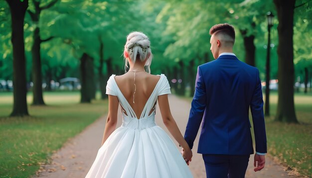 Una hermosa novia joven en un parque de verano