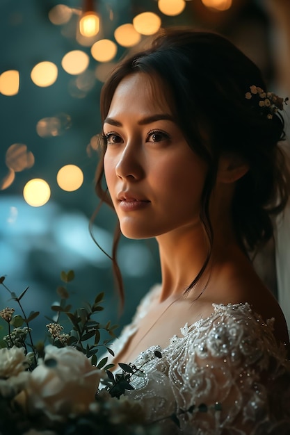 La hermosa novia lleva un elegante vestido blanco