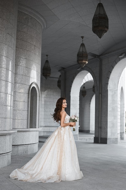 Una hermosa novia con un lujoso vestido de novia de encaje posando al aire libre al aire libre retrato romántico de ...