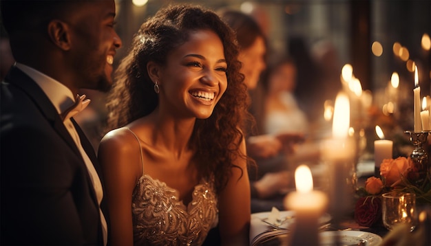 La hermosa novia y el novio afroamericanos celebran su boda en una fiesta de recepción nocturna