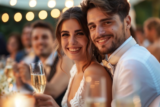 La hermosa novia y el novio celebran la boda en una fiesta de recepción de boda por la noche sonriendo diversos