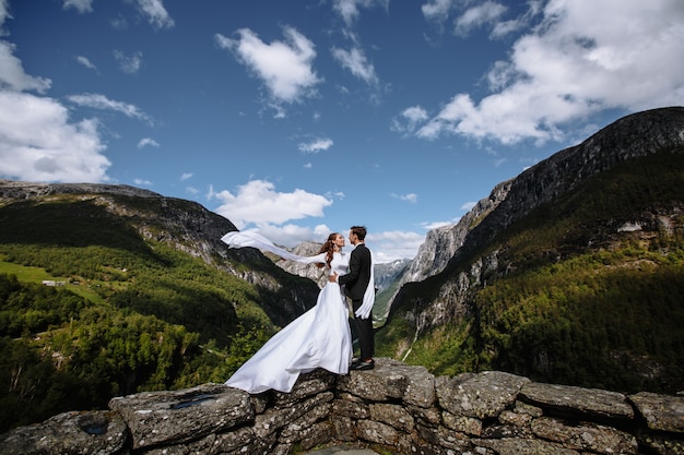 Hermosa novia y el novio en las montañas verdes