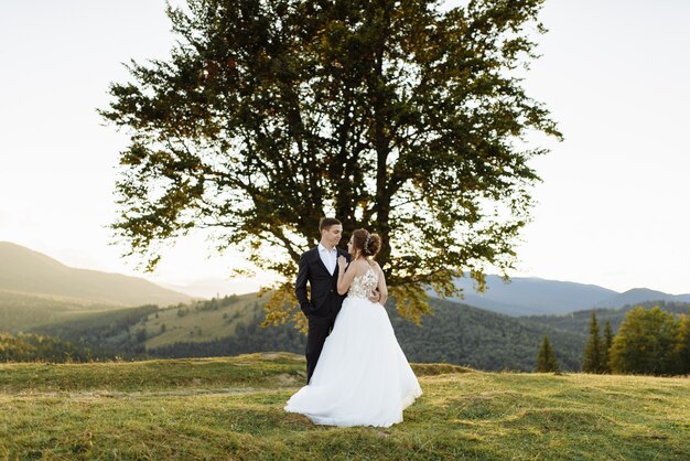 Hermosa novia y el novio en las montañas