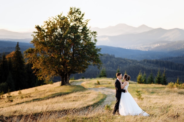 Hermosa novia y el novio en las montañas