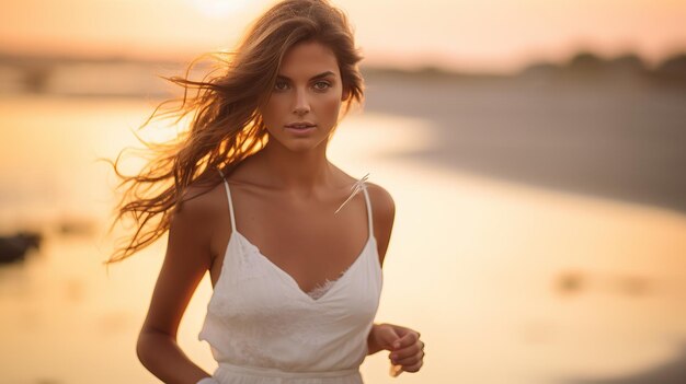 Hermosa novia en la playa al atardecer imagen generada por AI