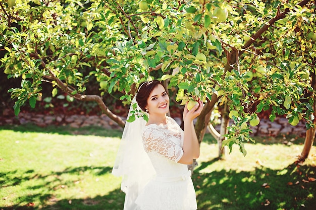 Hermosa novia posando cerca de un árbol