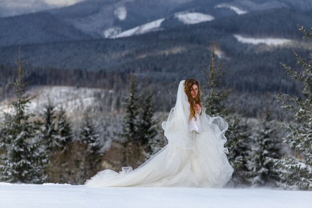 Hermosa novia sobre un fondo de montañas cubiertas de nieve.