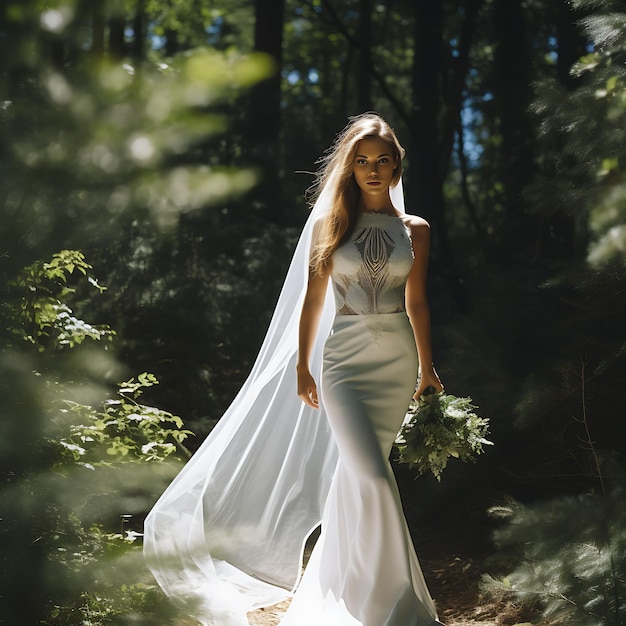 una hermosa novia vestida de blanco parada en un bosque con árboles verdes