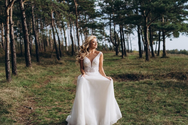 una hermosa novia con un vestido blanco se encuentra en la cima de una montaña