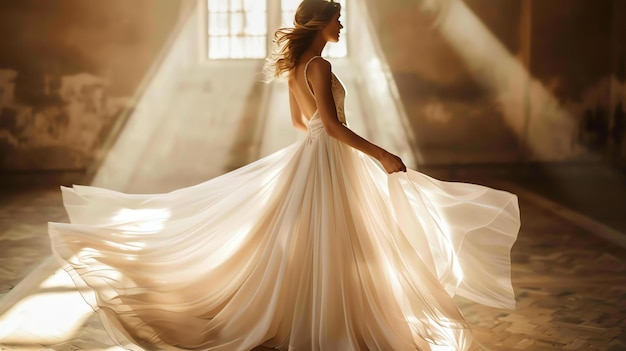 Una hermosa novia con un vestido blanco flotante está girando en una gran habitación abierta