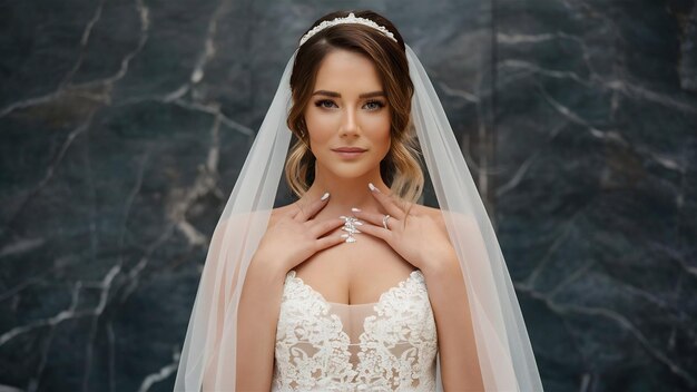 La hermosa novia en el vestido blanco posando