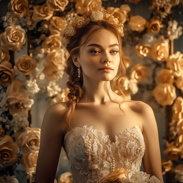 Hermosa novia con vestido elegante posando para la cámara frente a un elegante fondo floral