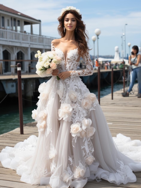 La hermosa novia en un vestido de estilo boho