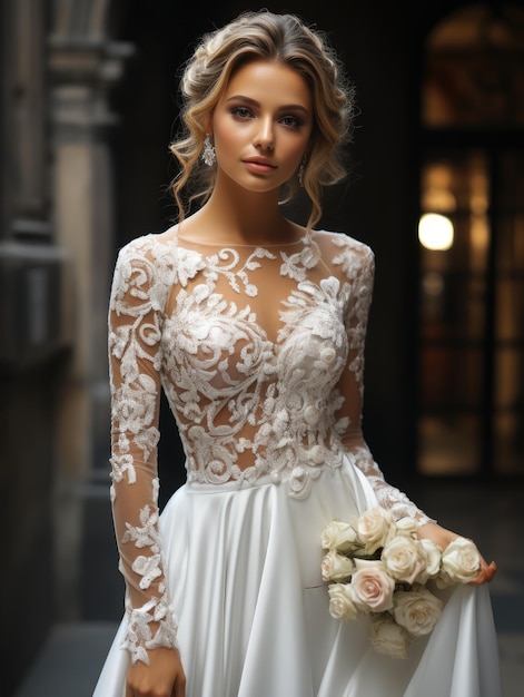 Hermosa novia con un vestido de novia blanco al estilo del minimalismo