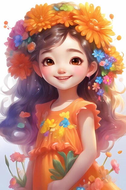 Una hermosa obra de arte niña con flores en el cabello ai generado