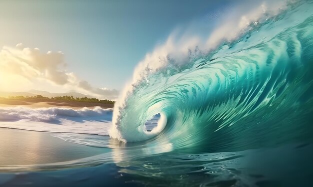 Foto una hermosa onda de tubo azul profundo en el pacífico se enrosca en un día soleado de verano ola tropical generativa de ia
