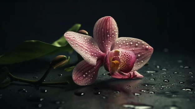Hermosa orquídea morada con gotas de agua sobre un fondo negro generativo ai