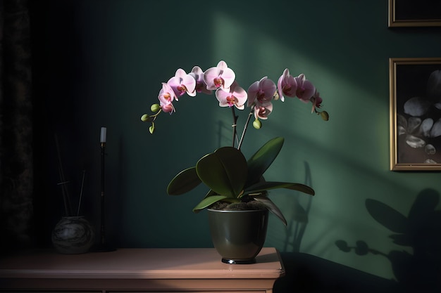 Hermosa orquídea phalaenopsis rosa tropical en una olla sobre una cómoda en un interior con fondo oscuro de pared verde Espacio de copia generado por Ai