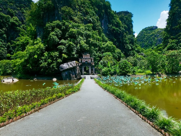 Foto una hermosa pagoda budista en la montaña central rodeada de naturaleza escénica