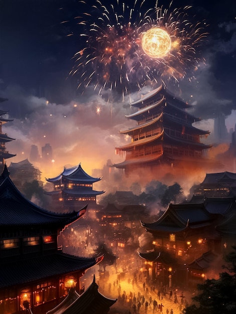 Hermosa pagoda china por la noche con linternas lunares Año Nuevo o festival de mediados de otoño generado por Ai