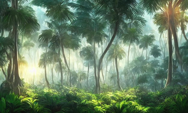 Hermosa palmera mágica árboles fabulosos Palm Forest selva paisaje rayos de sol iluminan las hojas y ramas de los árboles Ilustración 3d de verano mágico