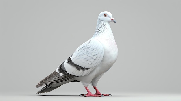 Una hermosa paloma blanca está de pie en una superficie gris La paloma tiene un pico rosado y las patas y sus plumas son una mezcla de blanco y gris