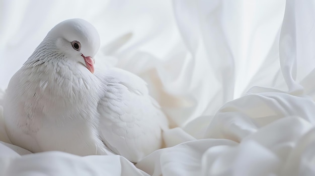 Foto una hermosa paloma blanca se sienta en una suave nube blanca la paloma es un símbolo de paz y amor y la nube representa la pureza e inocencia