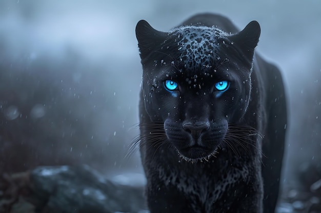 Hermosa pantera negra con ojos azules en el fondo de la naturaleza AI generativa