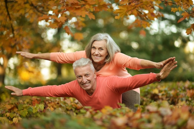 Hermosa pareja de ancianos caucásicos en el parque en otoño