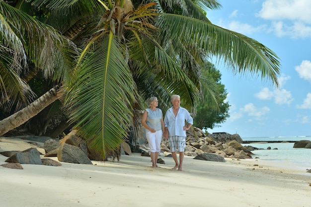 Hermosa pareja de ancianos feliz descansa en el resort tropical