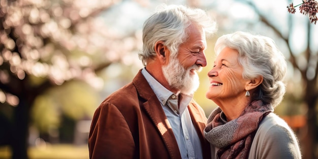Una hermosa pareja de ancianos en el parque sonriendo una pareja caminando