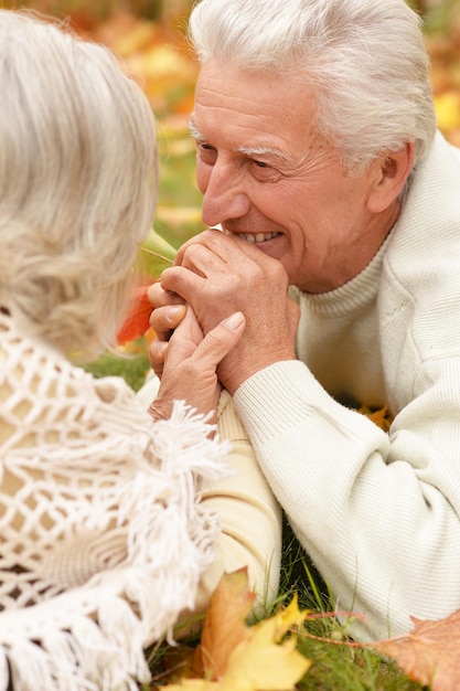 Hermosa pareja de ancianos posando y relajándose en el parque de otoño