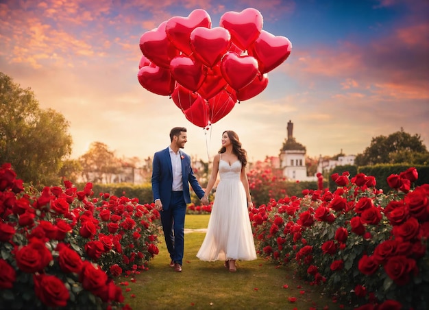 Una hermosa pareja de bodas en el parque con globos rojos en forma de corazón