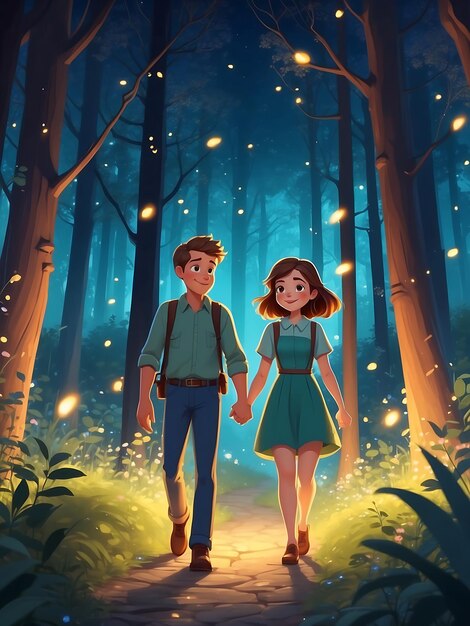 Una hermosa pareja caminando por la selva en una imagen de alta resolución nocturna