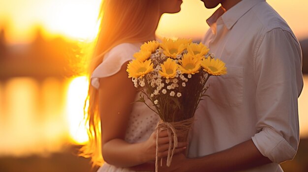 una hermosa pareja en un campo de puesta de sol