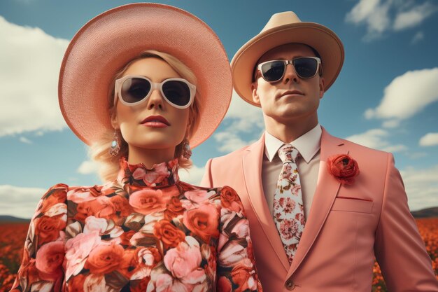 Hermosa pareja caucásica vestida con moda retro con gafas de sol y sombreros de verano posando