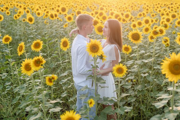 Hermosa pareja divirtiéndose en campos de girasoles