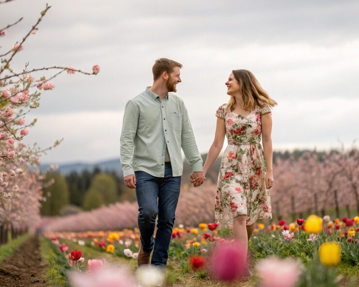 Una hermosa pareja feliz abrazándose en el parque de primavera.