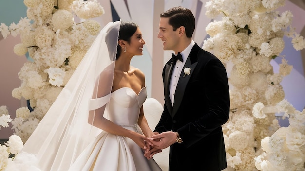 Una hermosa pareja feliz en una boda en el estudio.